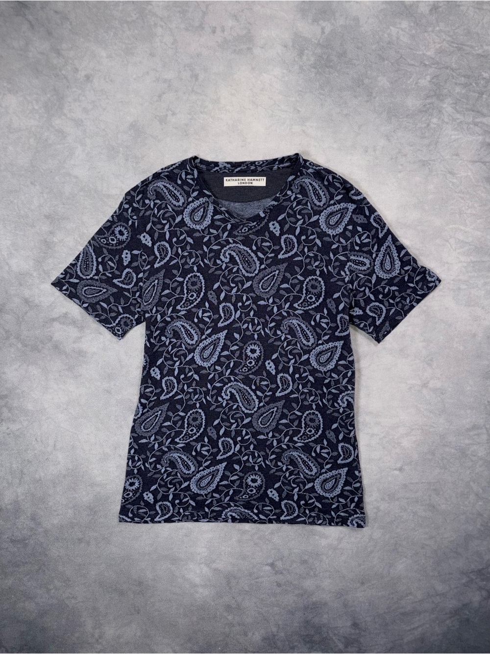 RARE KATHARINE HAMNETT LONDON Vintage 90s Paisley Blue Knit Archive T Shirt